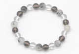 CGB8018 8mm white crystal, black rutilated quartz & smoky quartz beaded stretchy bracelets