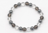 CGB8020 8mm white crystal, smoky quartz & hematite beaded stretchy bracelets