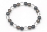 CGB8021 8mm white crystal, smoky quartz & black agate beaded stretchy bracelets