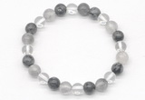 CGB8022 8mm white crystal, cloudy quartz & black labradorite beaded stretchy bracelets