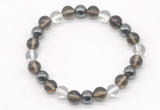 CGB8023 8mm smoky quartz, white crystal & hematite beaded stretchy bracelets