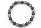 CGB8075 8mm grey picture jasper & black lava beaded stretchy bracelets