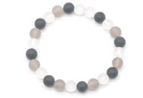 CGB8085 8mm matte white crystal, black agate & grey agate beaded stretchy bracelets