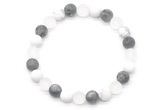 CGB8086 8mm matte white crystal, white howlite & black labradorite beaded stretchy bracelets