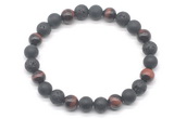 CGB8095 8mm black lava, matte black agate & red tiger eye beaded stretchy bracelets