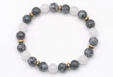 CGB8123 8mm snowflake obsidian, white jade & hematite power beads bracelet