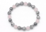 CGB8157 8mm grey picture jasper, matte rose quartz & hematite power beads bracelet