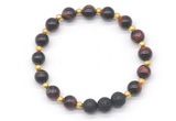 CGB8166 8mm red tiger eye & black lava beaded stretchy bracelets