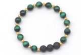 CGB8168 8mm green tiger eye & black lava beaded stretchy bracelets