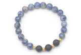 CGB8179 8mm blue spot stone & black lava beaded stretchy bracelets