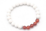 CGB8270 8mm white lava & red agate beaded mala stretchy bracelets