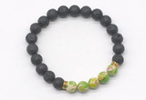 CGB8287 8mm black lava & green sea sediment jasper beaded mala stretchy bracelets