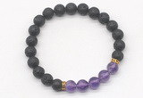 CGB8292 8mm black lava & amethyst beaded mala stretchy bracelets