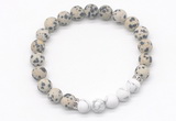 CGB8298 8mm matte dalmatian jasper & matte white howlite beaded mala stretchy bracelets