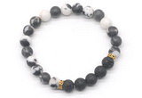 CGB8300 8mm matte black white jasper & black lava beaded mala stretchy bracelets