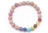 CGB8307 8mm matte pink wooden jasper 7 chakra beaded mala stretchy bracelets