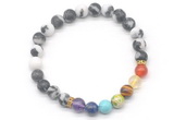 CGB8311 8mm matte black white jasper 7 chakra beaded mala stretchy bracelets