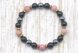 CGB8371 8mm pink wooden jasper, black onyx & hematite energy bracelet