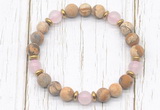 CGB8425 8mm matte picture jasper, rose quartz & hematite power beads bracelet