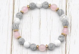 CGB8433 8mm matte grey picture jasper, white howlite, rose quartz & hematite power beads bracelet