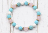 CGB8438 8mm blue howlite, white howlite, rose quartz & hematite power beads bracelet