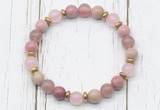 CGB8444 8mm pink wooden jasper, strawberry quartz, rose quartz & hematite power beads bracelet