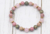 CGB8445 8mm pink wooden jasper, unakite, rose quartz & hematite power beads bracelet