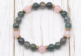 CGB8457 8mm moss agate, rose quartz & hematite power beads bracelet