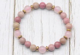 CGB8461 8mm pink wooden jasper, rose quartz & hematite power beads bracelet