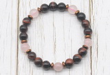 CGB8471 8mm red tiger eye, rose quartz & hematite power beads bracelet