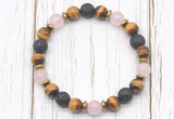 CGB8477 8mm grade AA yellow tiger eye, black lava, rose quartz & hematite power beads bracelet