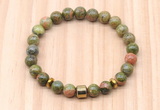 CGB8887 8mm, 10mm unakite, drum & rondelle hematite beaded bracelets