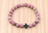 CGB8926 8mm, 10mm pink wooden jasper, cross & rondelle hematite beaded bracelets