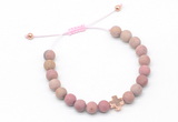 CGB9552 8mm, 10mm matte pink wooden jasper & cross hematite adjustable bracelets