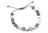 CGB9557 8mm, 10mm matte black & white jasper & cross hematite adjustable bracelets