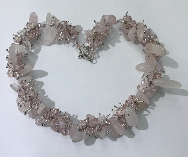 CGN400 19.5 inches chinese crystal & rose quartz chips beaded necklaces