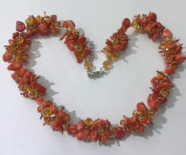 CGN418 19.5 inches chinese crystal & coral chips beaded necklaces