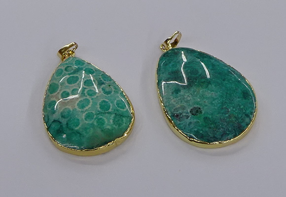 CGP3336 35*45mm - 35*50mm flat teardrop fossil coral pendants