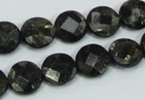 CLB305 15.5 inches 12mm faceted flat round black labradorite beads