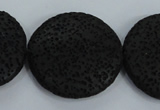 CLV51 15.5 inches 32mm flat round black natural lava beads wholesale