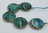 CNG2195 7.5 inches 35mm flat round agate beads with brass setting