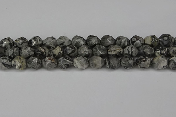 CNG6054 15.5 inches 12mm faceted nuggets grey picture jasper beads