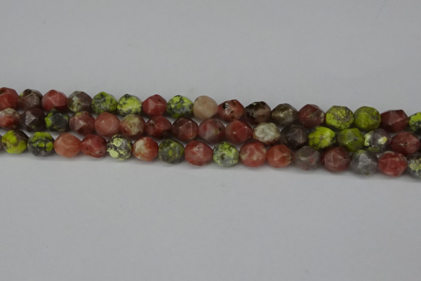 CNG6117 15.5 inches 8mm faceted nuggets red plum blossom jade beads