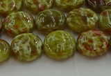 CNS623 15.5 inches 12mm flat round green dragon serpentine jasper beads