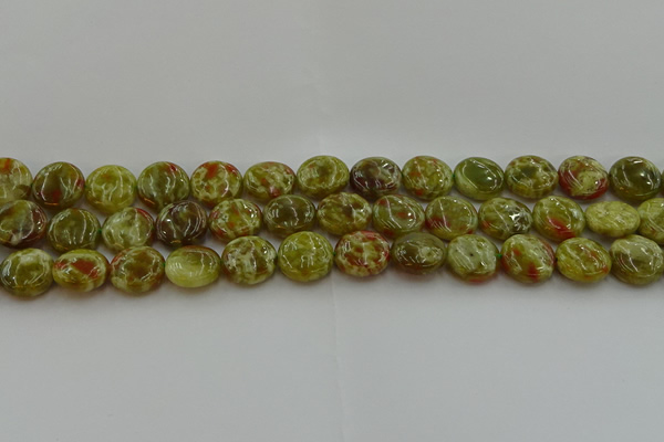 CNS624 15.5 inches 15mm flat round green dragon serpentine jasper beads