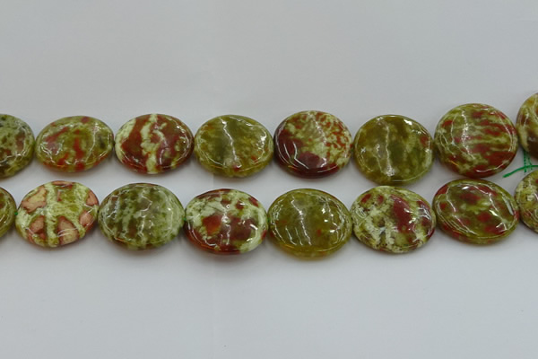 CNS629 15.5 inches 35mm flat round green dragon serpentine jasper beads