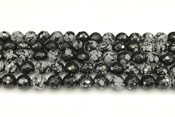 COB773 15 inches 12mm faceted round snowflake obsidian beads