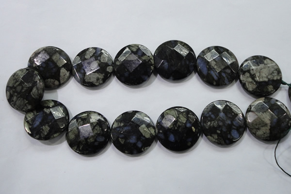 COP485 15.5 inches 30mm faceted coin natural grey opal beads