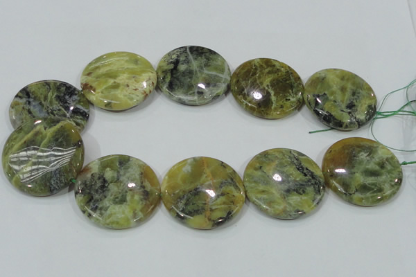 COP560 15.5 inches 40mm flat round natural yellow & green opal beads