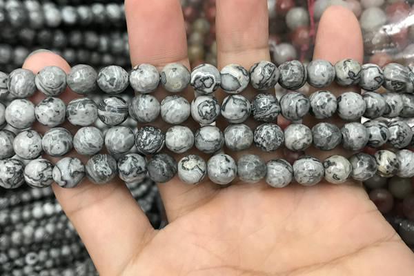 CPJ642 15.5 inches 8mm faceted round grey picture jasper beads